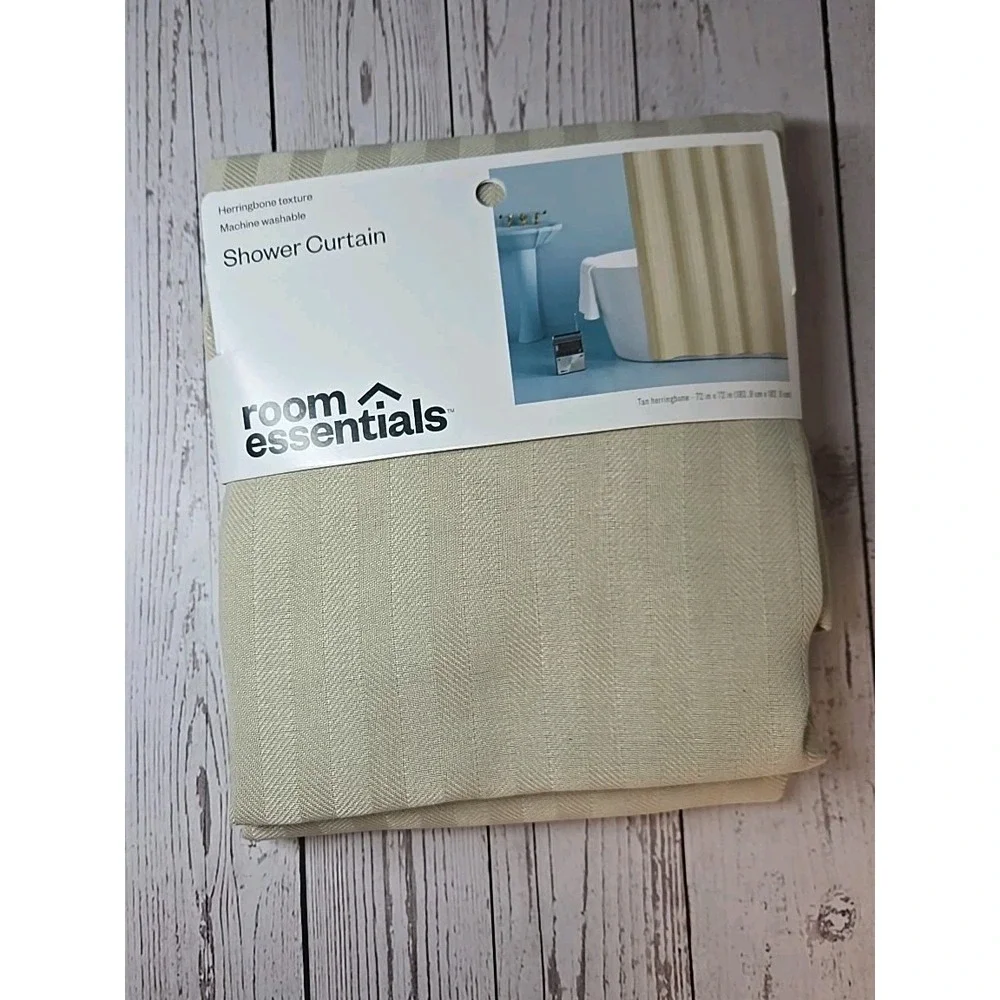 Room Essentials Shower Curtain Buttonhole Top - Tan Herringbone w/Stripes 72x72
